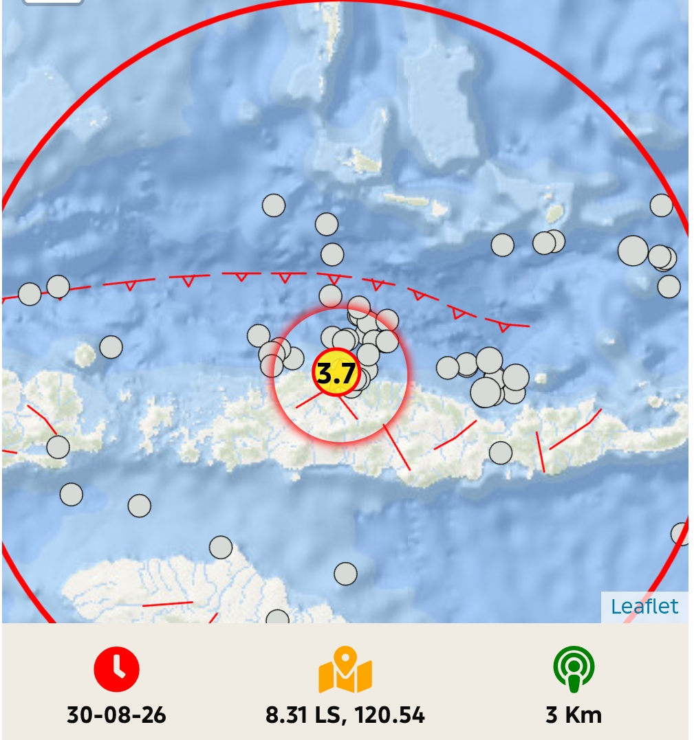 Data BMKG mencatat gempa magnitudo 3,7 berpusat di darat 35 km utara Ruteng, Manggarai. | Foto by BMKG